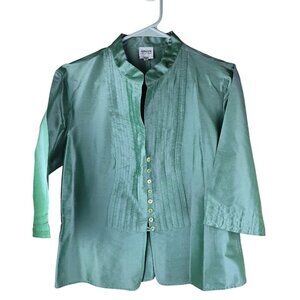Armani Collezioni -‎ Aqua Green Metallic Silk Satin Button-Front Blouse Sz 12